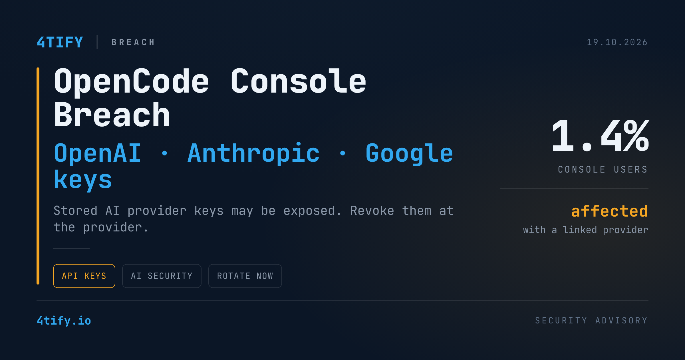 Breșă la OpenCode Console: chei API OpenAI, Anthropic și Google, posibil expuse