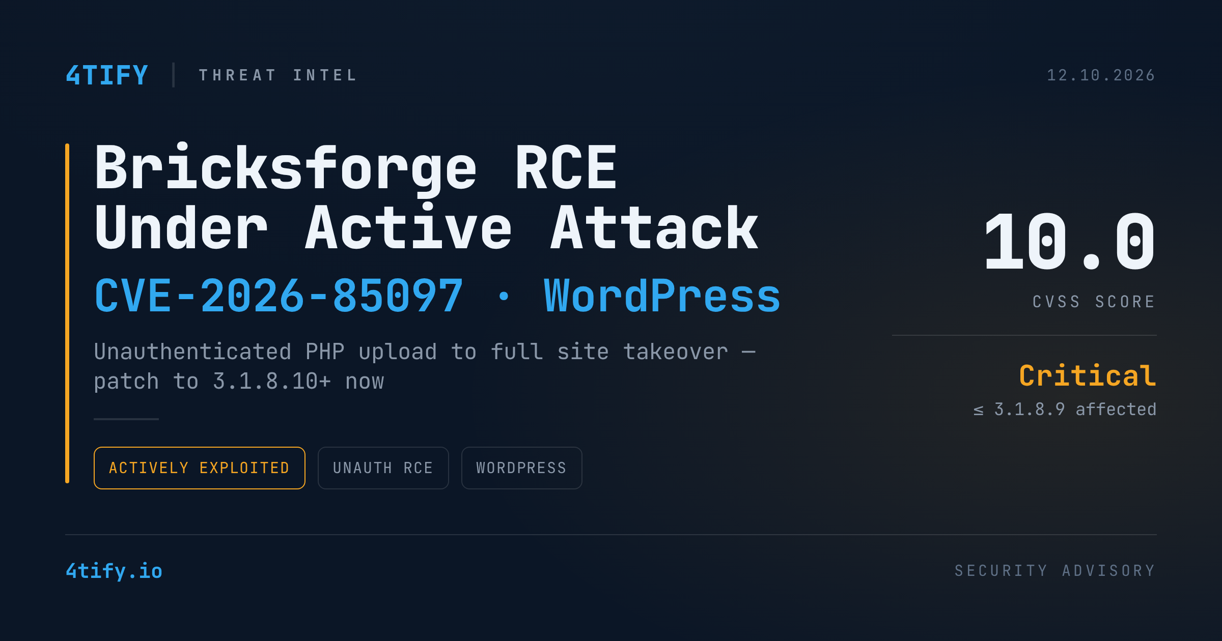 Vulnerabilitate CVSS 10.0 în Bricksforge, exploatată pentru RCE fără autentificare pe WordPress
