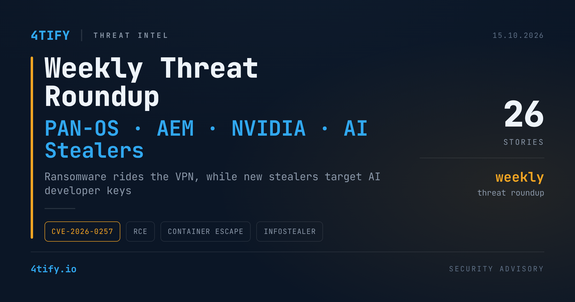 Rezumatul săptămânii: VPN-uri exploatate, lanț RCE în AEM, evadare din containere NVIDIA și infostealeri care vânează cheile AI