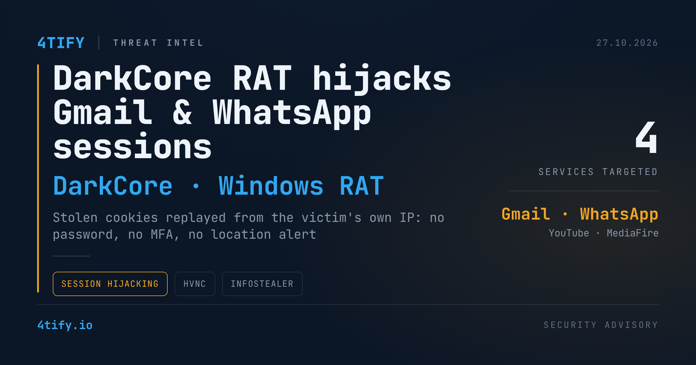 DarkCore RAT Hijacks Gmail and WhatsApp Sessions While Browsing From the Victim's Own IP