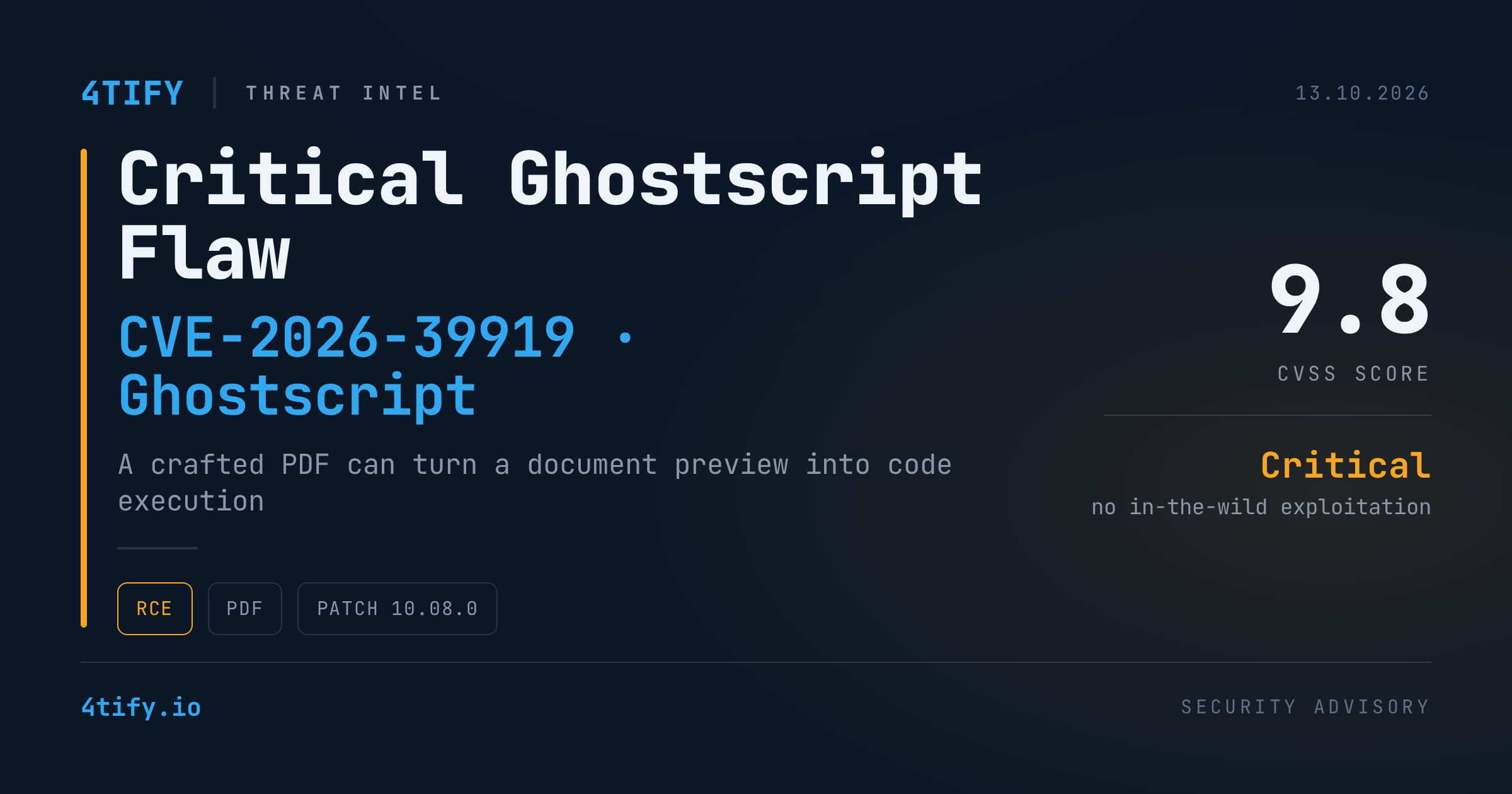 Critical Ghostscript Flaw CVE-2026-39919 Turns Uploaded PDFs Into a Code-Execution Risk