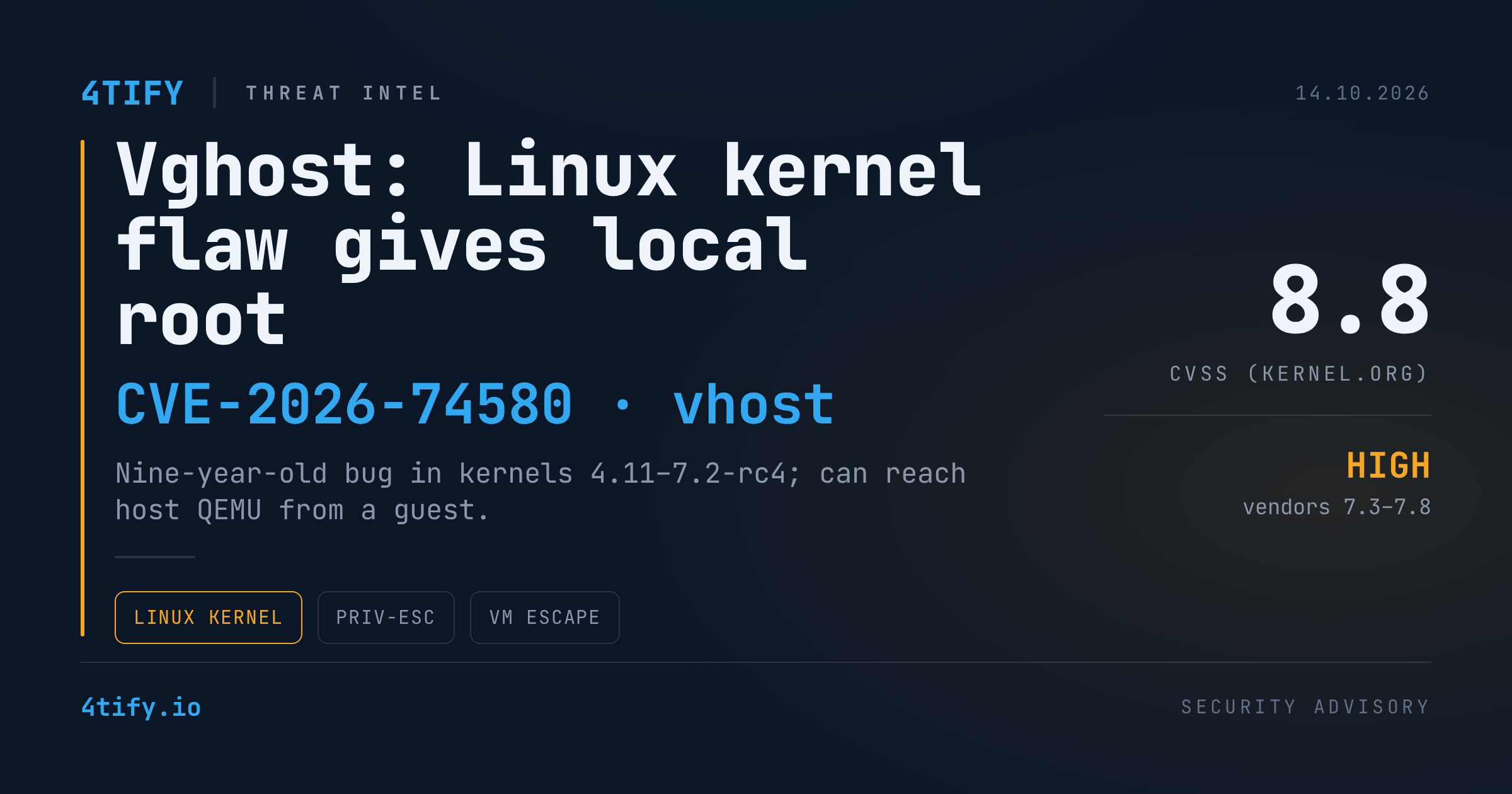 Vghost (CVE-2026-74580): Linux vhost Bug Gives Local Root, Threatens VM Hosts