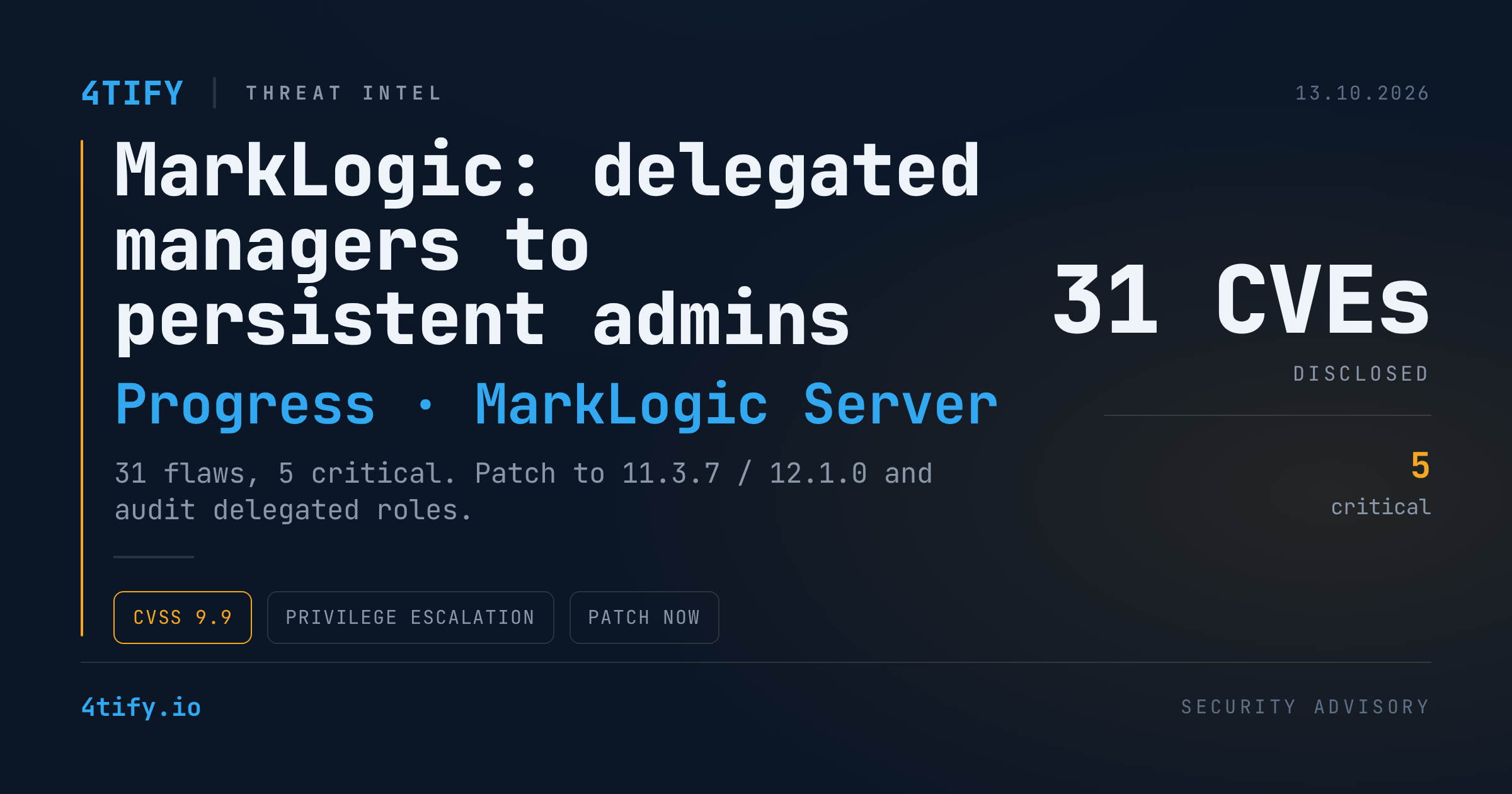 31 de vulnerabilități în MarkLogic Server: două erori critice transformă managerii delegați în administratori persistenți