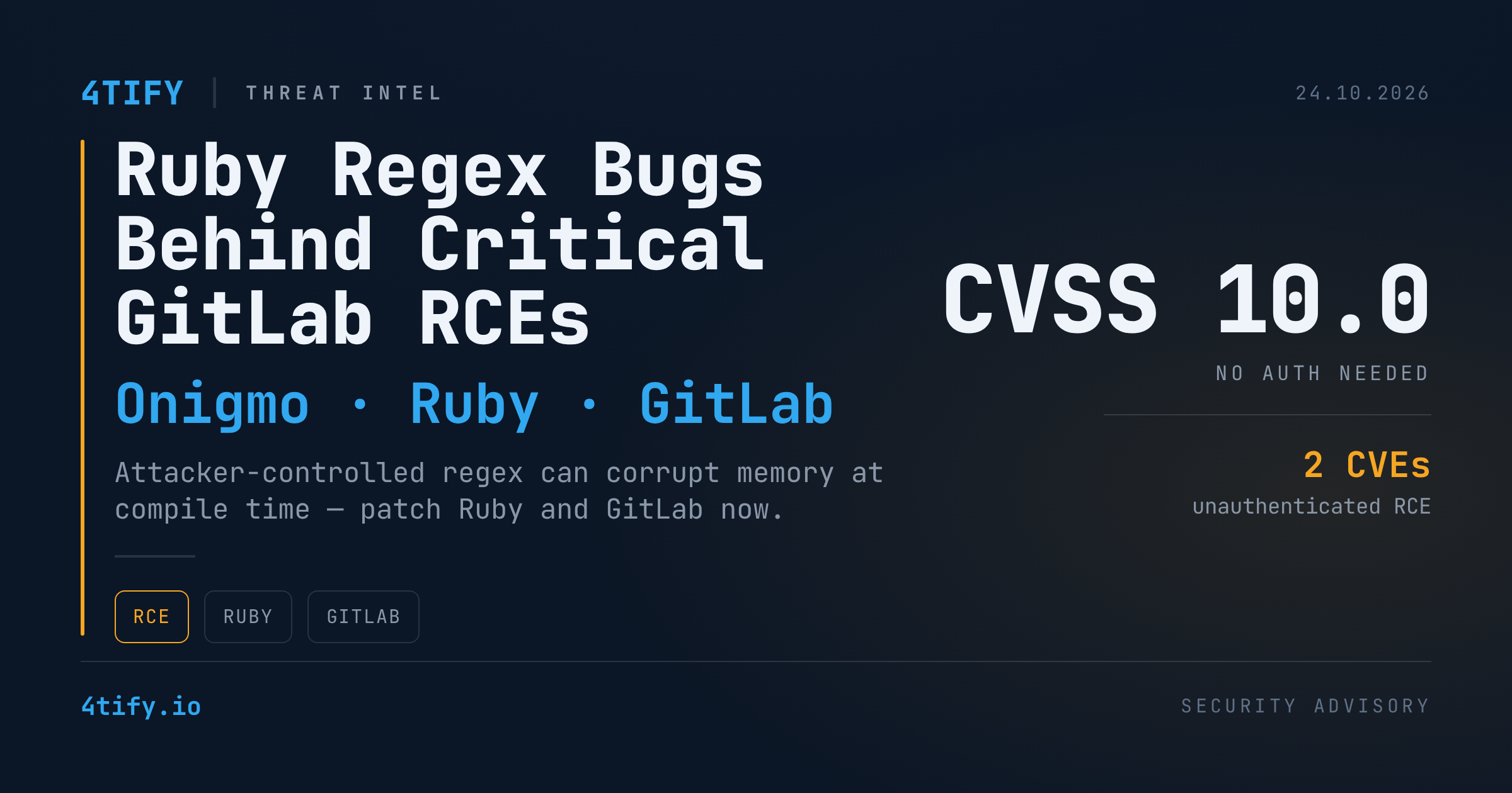 Ruby Patches Three Onigmo Regex Bugs Behind Four Critical GitLab RCE Flaws