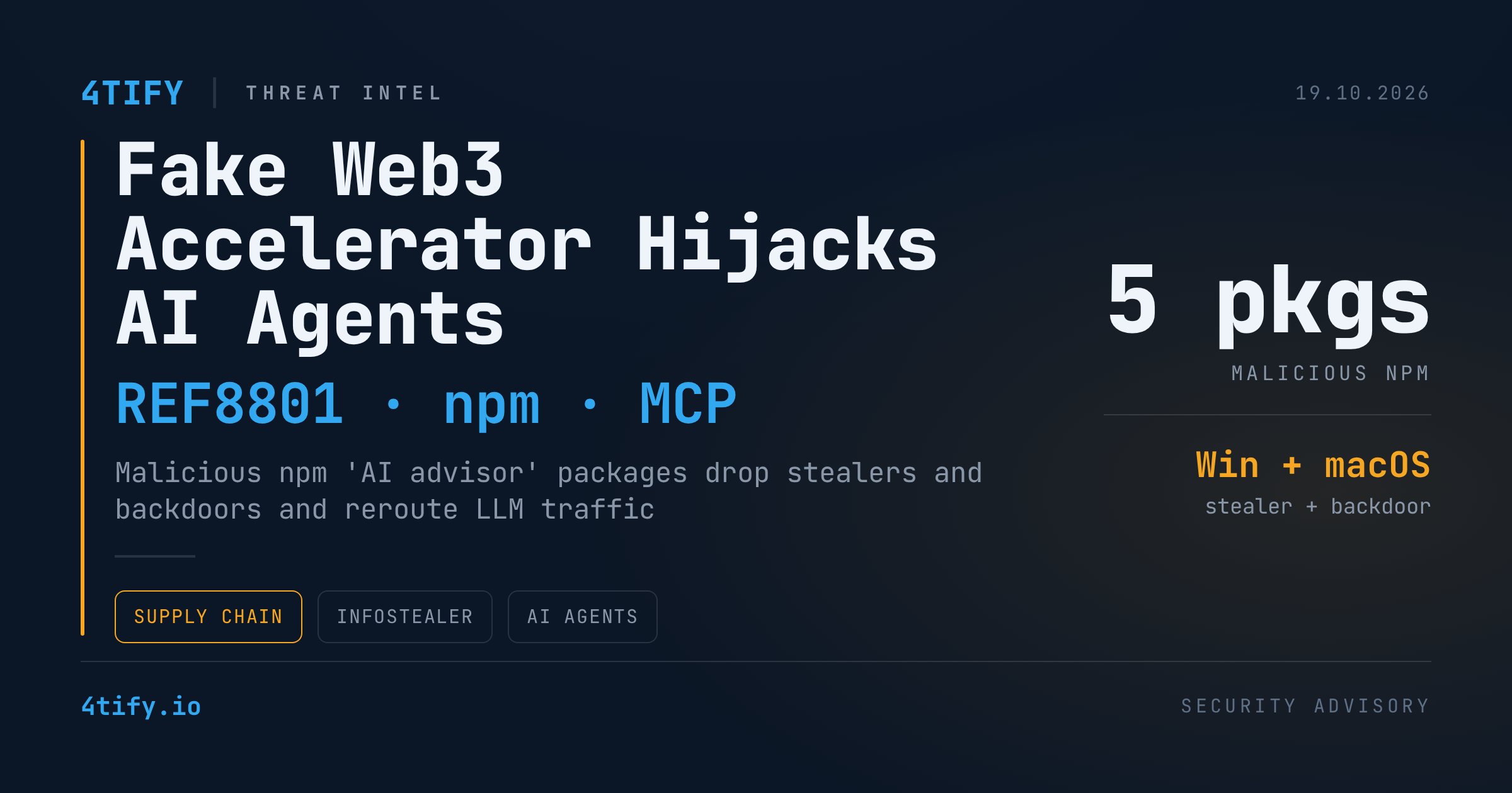 Un fals accelerator Web3 folosește pachete npm ca să fure date și să deturneze agenți AI