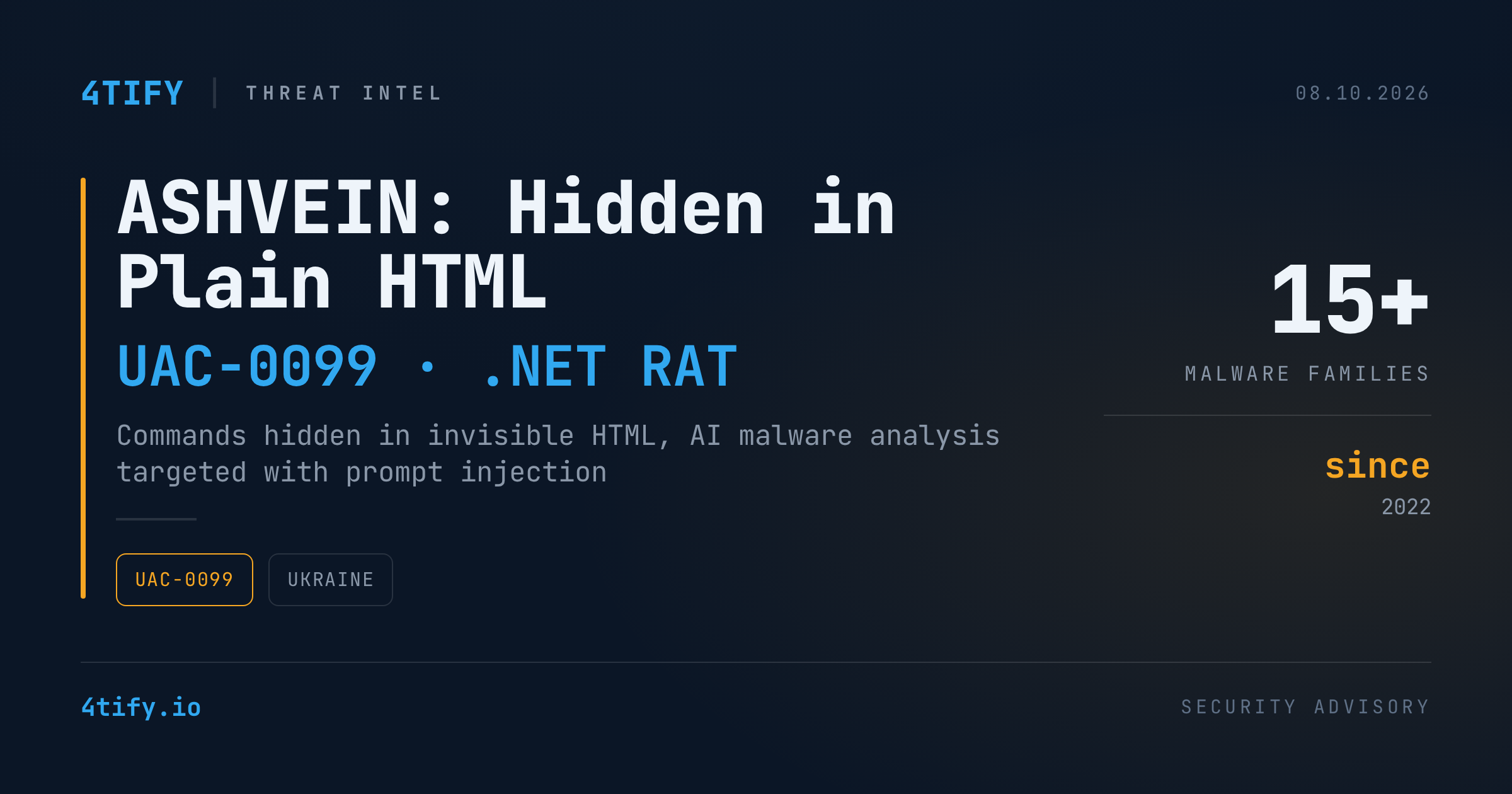 UAC-0099 lansează ASHVEIN: un nou RAT .NET care își ascunde comenzile în HTML invizibil