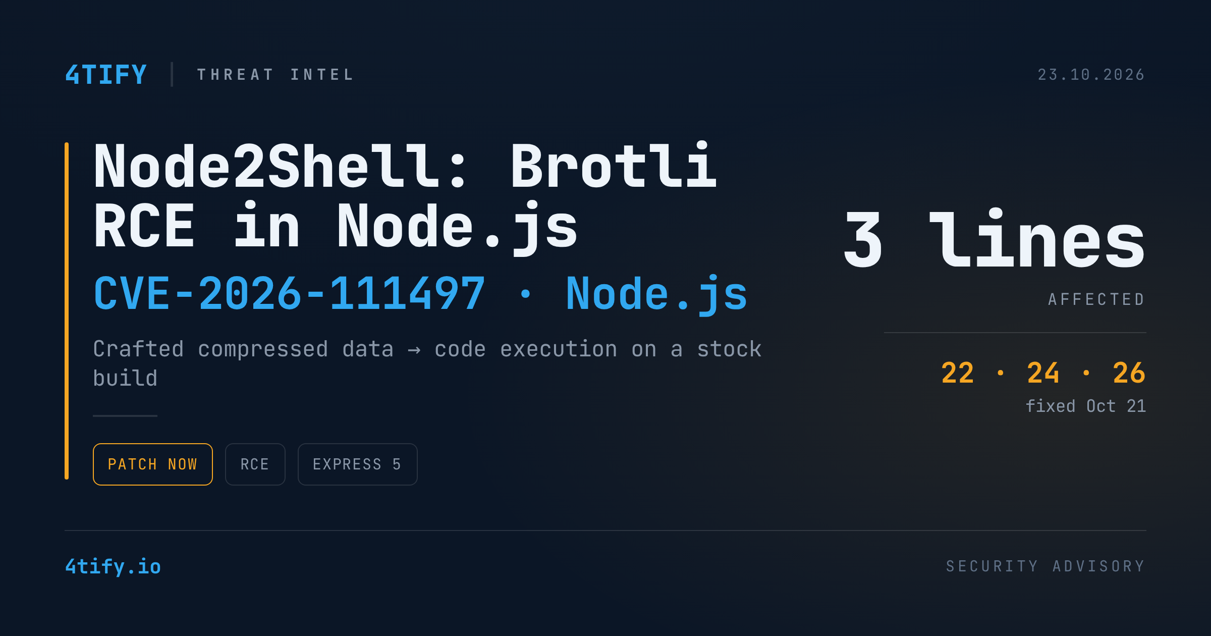 Node2Shell: date Brotli construite special transformă Node.js în RCE (CVE-2026-111497)