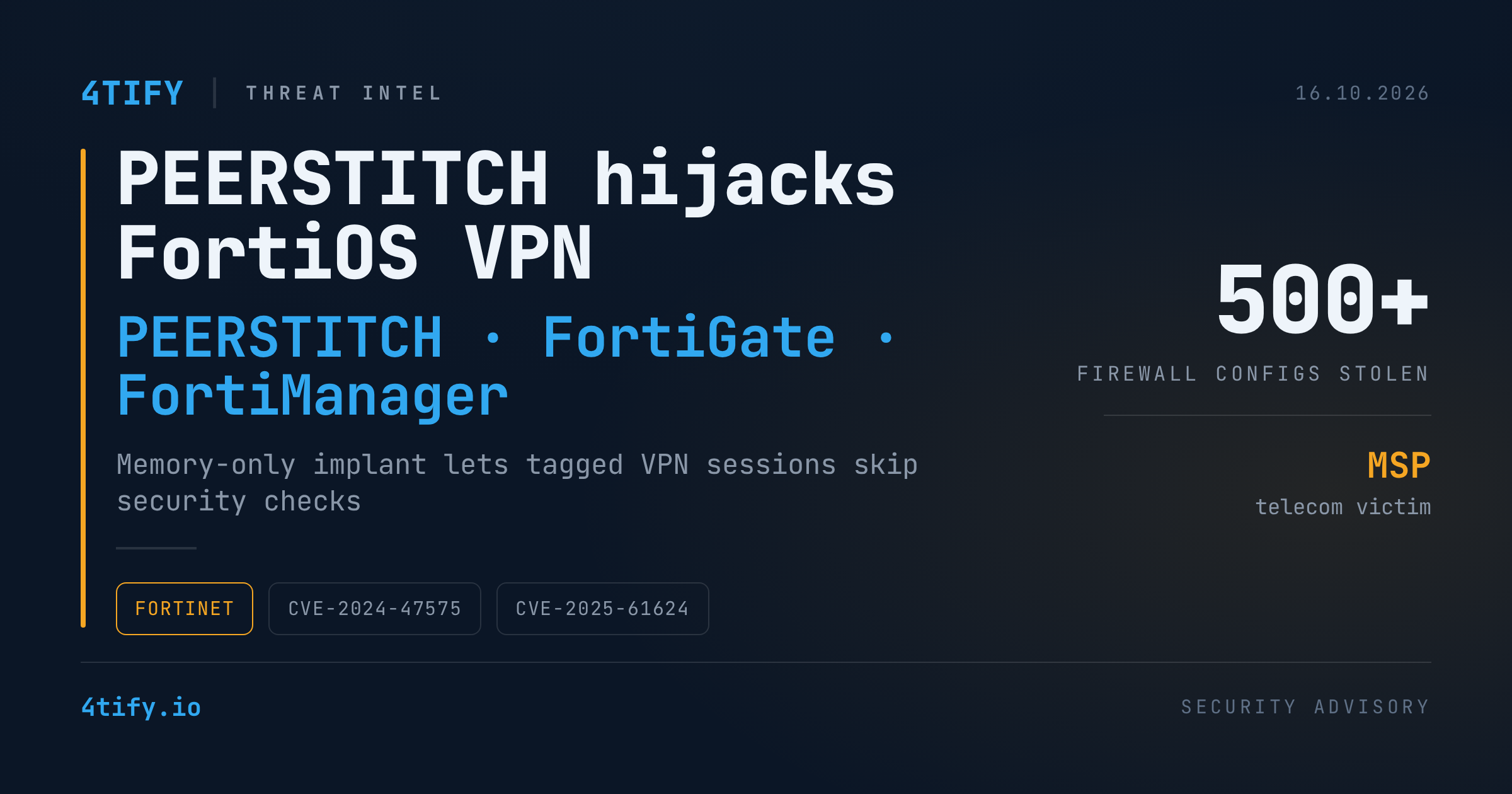 PEERSTITCH: Memory-Only Implant Hijacks FortiOS VPN Handling