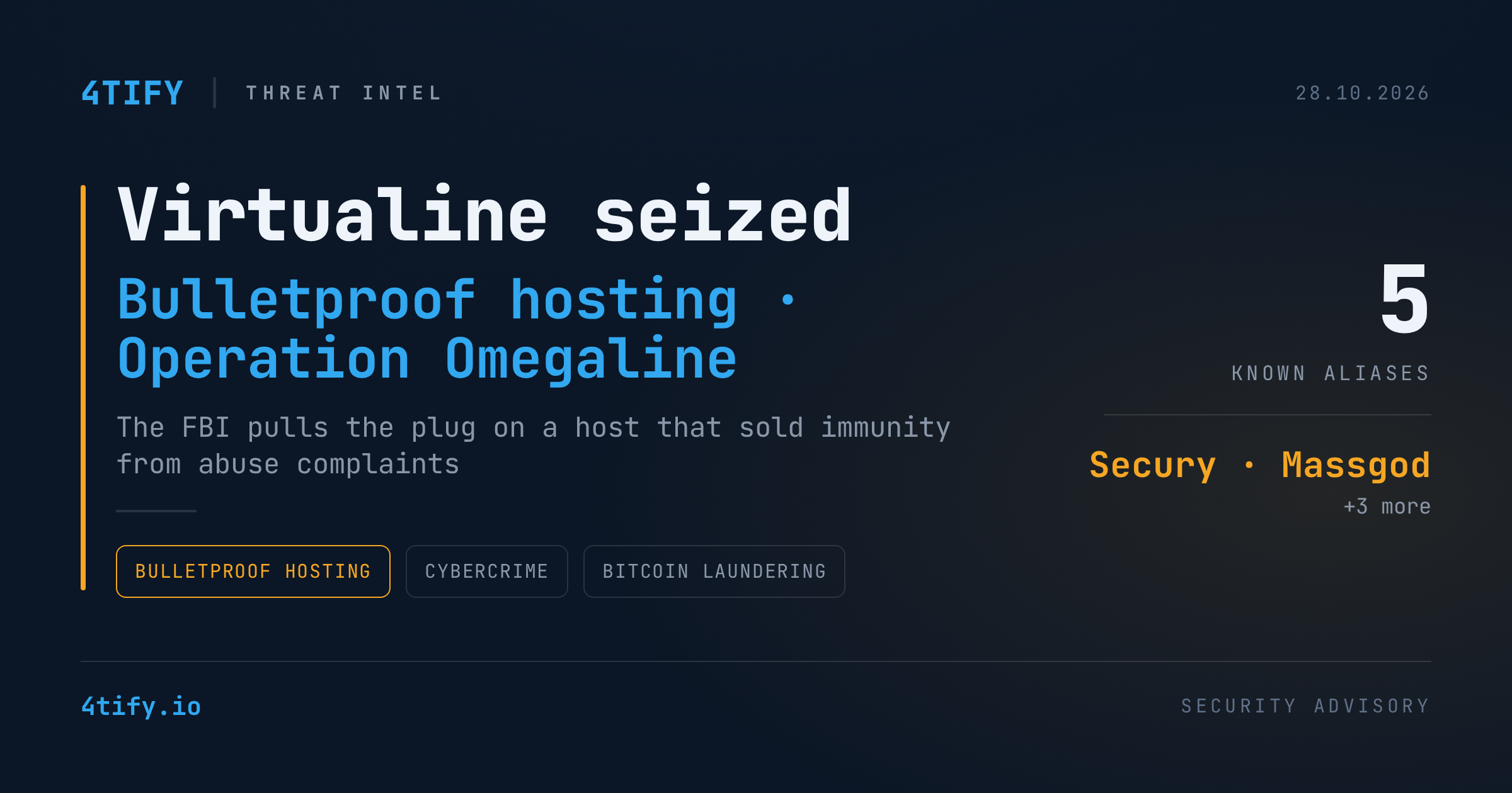 FBI seizes Virtualine, a bulletproof host accused of sheltering cybercrime and laundering Bitcoin