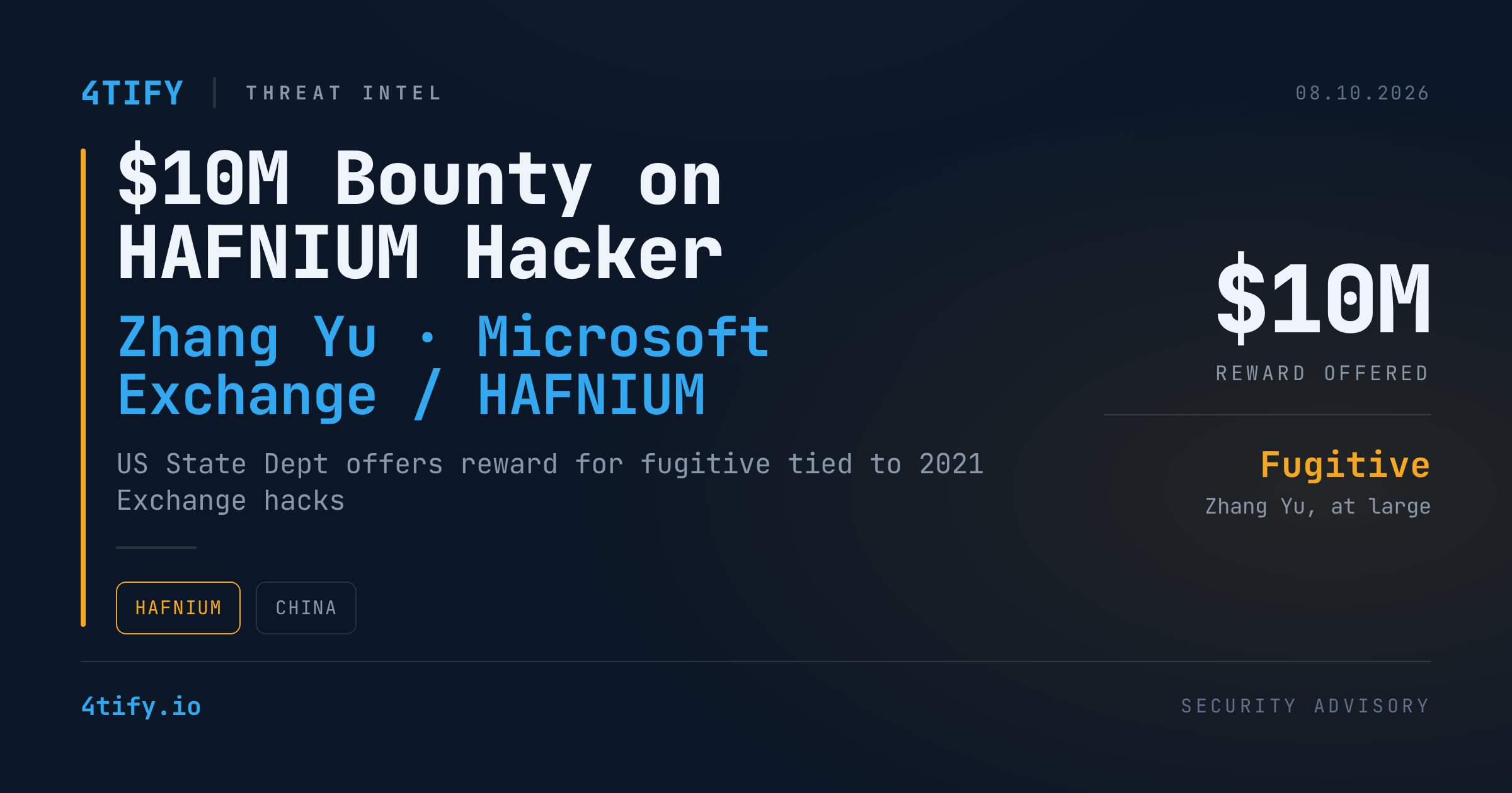 U.S. Puts $10 Million Bounty on Alleged HAFNIUM Hacker Zhang Yu
