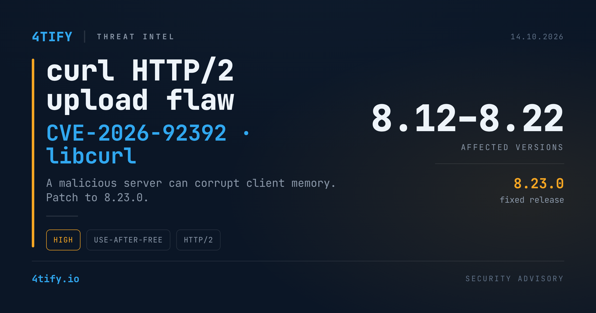 curl 8.23.0 Fixes HTTP/2 Upload Use-After-Free That Can Lead to Code Execution (CVE-2026-92392)