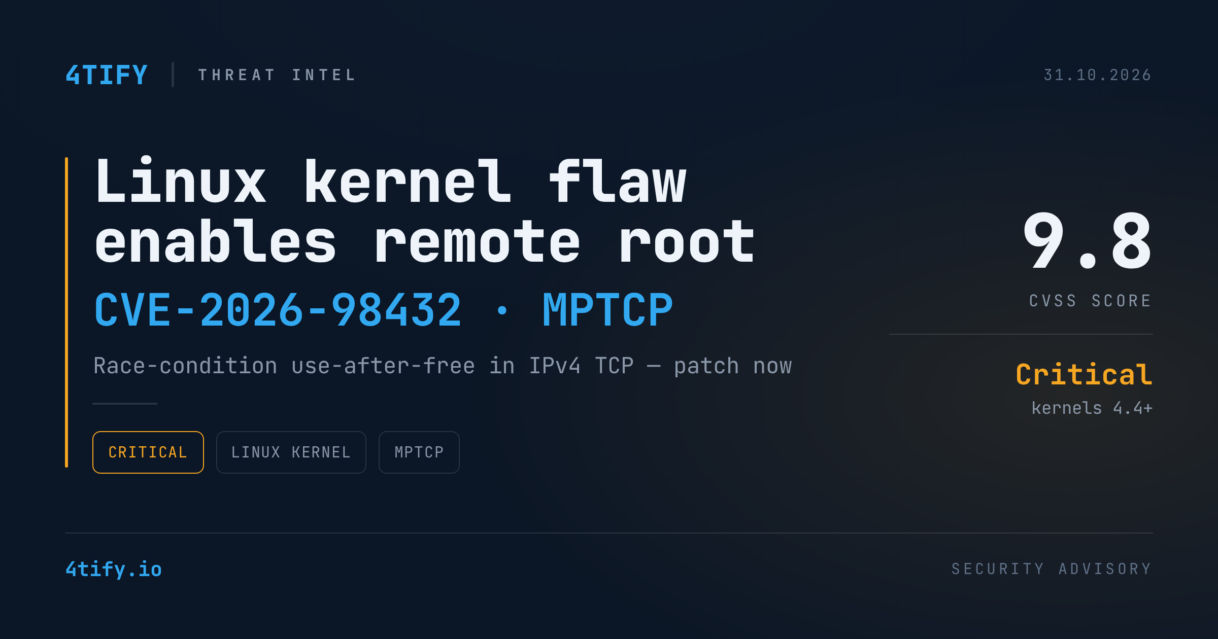 CVE-2026-98432: o vulnerabilitate TCP din kernelul Linux permite root de la distanță pe servere MPTCP