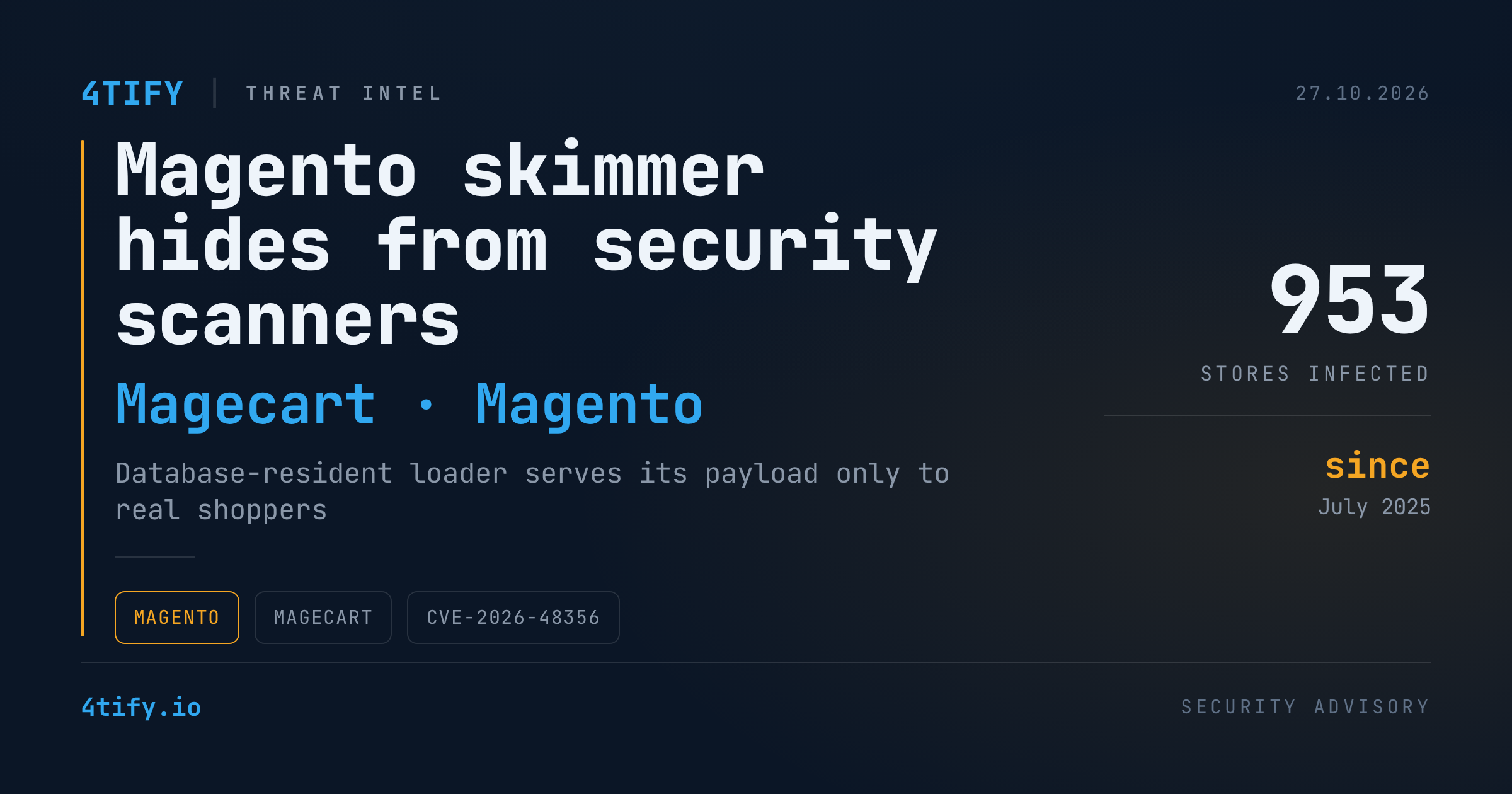 Magento Skimmer Campaign Hits 953 Stores and Hides From Security Scanners