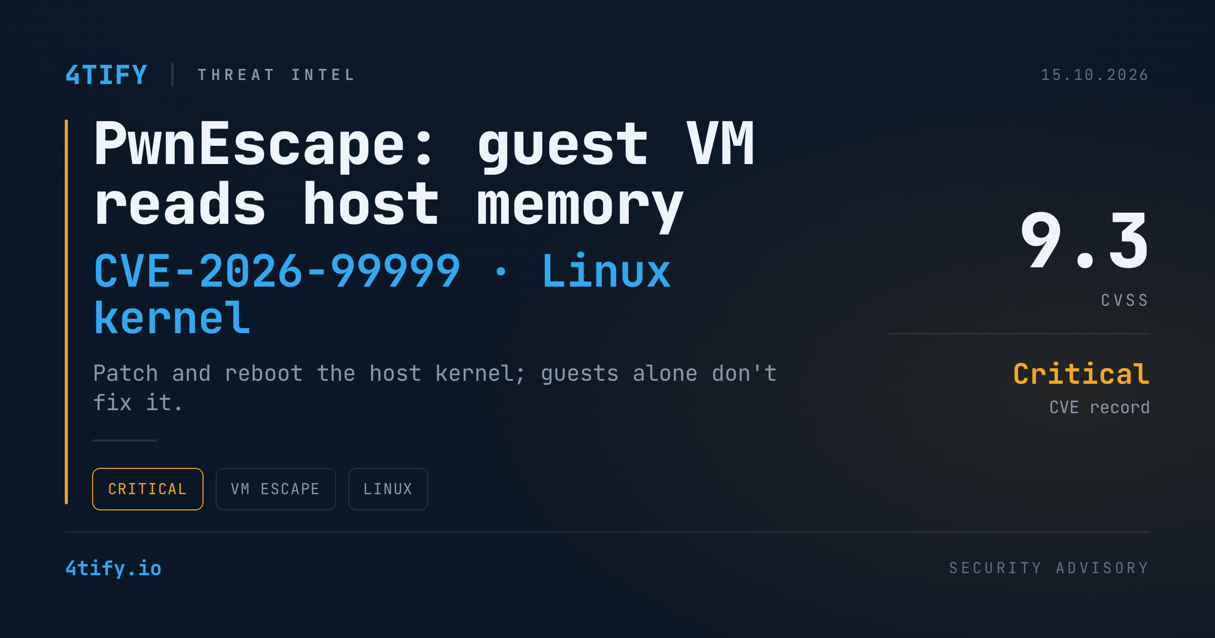 PwnEscape: Linux Kernel Bug Lets Guest VMs Read Host Memory (CVE-2026-99999)